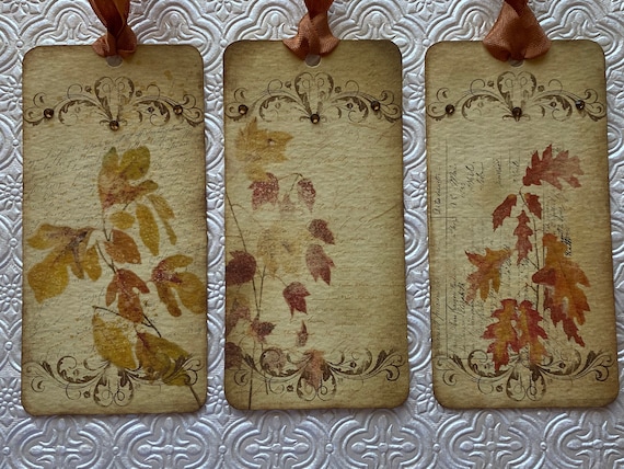 Thanksgiving tags, Autumn leaves with rhinestones, set of 6