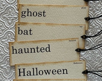 Halloween Flash card tags, set of 14, black twine ties.