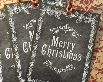 Merry Christmas chalkboard tags, set of 8, striped red twine.