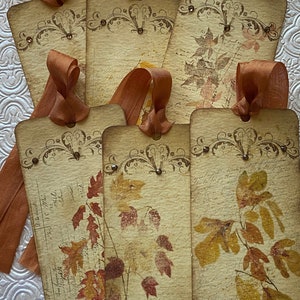 May include: Six vintage-style gift tags with brown ribbon. Each tag features a different design of autumn leaves in shades of brown, orange, and red. The tags are printed on cream-coloured paper with a distressed look.