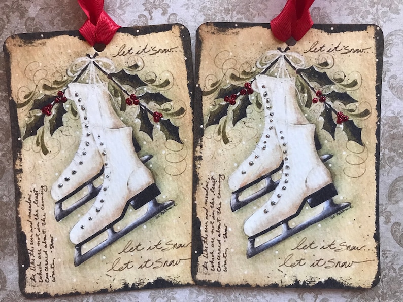 Set of 4 Ice Skate Tags/holiday Tags With Red Seam Binding Etsy