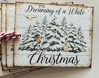12 Holiday, Christmas gift tags, vintage inspired, red and white twine.