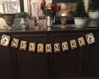 NEVERMORE Banner, black glitter letters, rhinestone decoration, glittered bats.
