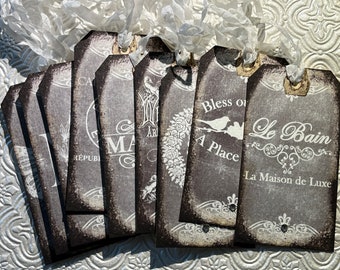 Set of 9 French inspired tags with rhinestones decoration and crinkled ribbon