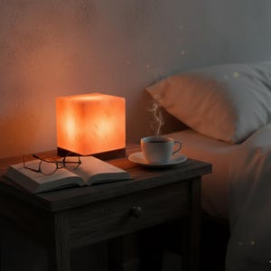 Cube Himalayan Salt Lamp: Hand Carved Natural Rock, Wood Base