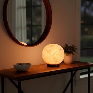 Globe Himalayan Salt Lamp, Hand Carved Sphere, Wood Base