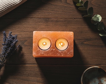 Double Cube Himalayan Salt Candle Holder: Hand-Carved Natural Decor