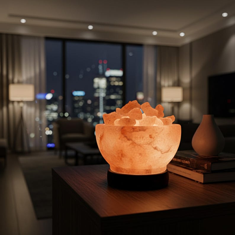 Lámpara de sal del Himalaya con cuenco y trozos: decoración artesanal con sal de roca rosa