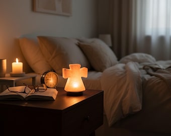 Mini lámpara USB de sal rosa del Himalaya con forma de cruz: decoración espiritual tallada a mano.