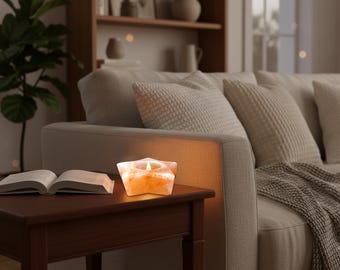 May include: A lit star-shaped candle sits on a dark brown side table next to an open book. The candle has a warm orange glow, and the table is positioned in front of a beige sofa with decorative pillows. A cozy living room setting.