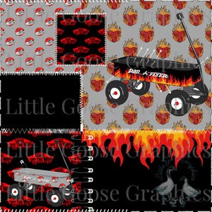 May include: A digital collage featuring a red, white, and black Vans "Off the Wall" logo, a red Radio Flyer wagon with flames, and a black and white illustration of a goose.