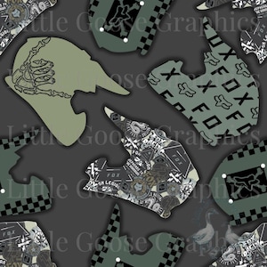 May include: A seamless pattern featuring various helmet designs in shades of green and black. The helmets feature a variety of graphic designs, including a skeleton hand, a fox logo, and a chequered pattern. The background is a dark grey.