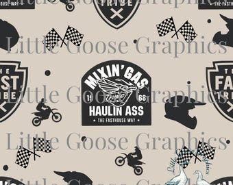 May include: A seamless pattern featuring a black and white design of motocross bikes, checkered flags, helmets, and text that reads "The Fast Tribe", "Mixin' Gas", "Haulin' Ass", and "The Fast House Way".