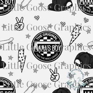 May include: Black and white seamless pattern featuring a skateboard, a lightning bolt, a peace sign, a heart, a star, and a baseball cap. The pattern also includes a circle with the text "The Original Mama's Boy" and the text "Off the Wall Loved".