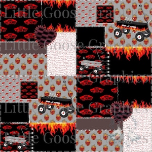 May include: A patchwork quilt design featuring a red wagon with flames, hearts, and the text "Off the Wall" repeated in black and white.