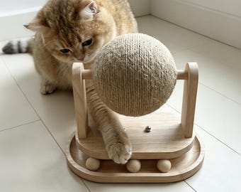 Natural Wood Cat Scratching Ball Toy,Jute Spinning Play Station,Interactive Claw Care