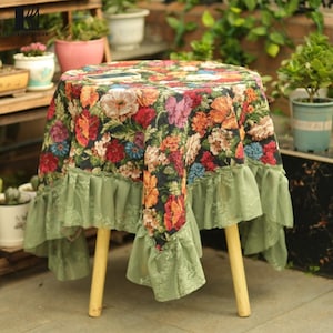 Verbrande sinaasappel, housewarmingcadeaus, olijfgroene bloemen Indiaas handblok gedrukt rechthoekig tafelkleed, katoenen tafelkleed, Frans tafelkleed
