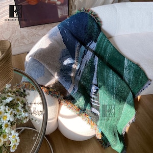 Vintage Style Quilt&Cozy Picnic Blanket for Cottagecore Decorm,Dark Academia Green Throw,Modern Tribal Design,Beautiful Colorful Pattern
