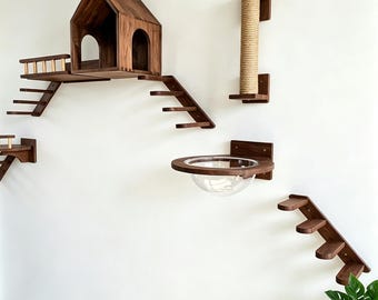 Prateleiras para gatos em nogueira maciça, móveis rústicos para escalada em estilo fazenda, castelo modular para gatos
