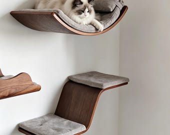 Walnut Cat Shelves, Thermo-Bent Wood, Wall Mounted Climbing Playground, Sisal Scratching Posts