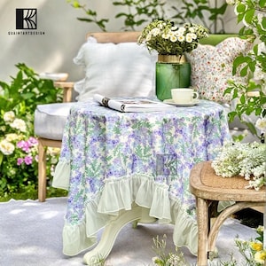 Round Tablecloth, Pistachio Green,Vintage,Watermelon Pink Indian Hand Block Floral Printed Table Cover, French Tablecloth, Home and Living