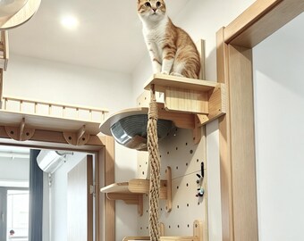 Hand-Braided Jute Cat Climbing Rope with Solid Wood Shelf, Vertical Wall Furniture