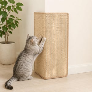Op de afbeelding: Een beige sisal krabpaal voor katten ontworpen voor in een hoek, met een getextureerd geweven oppervlak en lichtbruine stoffen randen. Een grijze cyperse kat is afgebeeld met de voorpoten uitgestrekt, krabbend aan het verticale oppervlak.