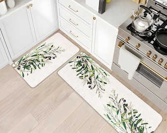 Olive Branch Kitchen Mat, Non-Slip Washable Polyester-Velvet Rug