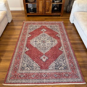 Antique Style Red Vintage Persian Medallion Area Rug, Distressed Oriental Carpet, Boho Farmhouse Room Decor, Non Slip Washable Unique Design