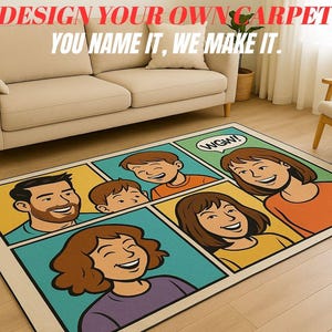 Custom Cartoon Portrait Rug, Design Your Own Comic Style Carpet, Personalized Family Illustration Floor Mat, Unique Gift Idea, Washable Rug