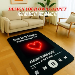 Puede incluir: Alfombra rectangular negra con un diseño de corazón rojo brillante. La alfombra presenta el texto "DESIGN YOUR OWN CARPET, YOU NAME IT, WE MAKE IT." y "ALBUM COVER HERE".