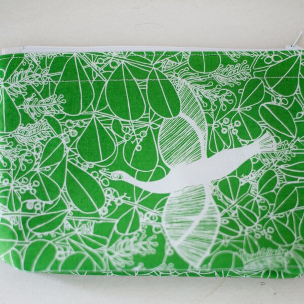 Green zippered pouch, green womans pouch, bird lover gift, cosmetic bag, zippered pouch