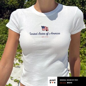 USA Flag Baby Tee, United States Shirt for Women, Vintage Y2K Americana Tee, 4th of July Outfit, Retro American Flag Tshirt