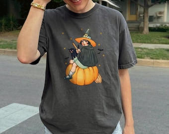 Retro Witch Shirt Comfort Colors Black Cat Pumpkin Halloween Graphic Tee
