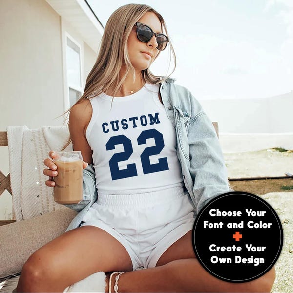 Camiseta sin mangas con número personalizado, camiseta tipo blockette Y2K personalizada, camiseta deportiva retro, camiseta para el día del partido universitario.