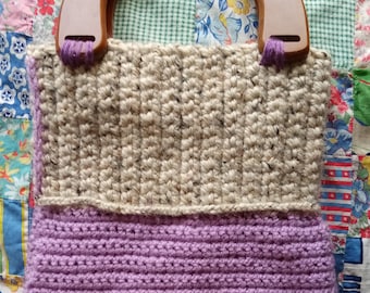 Handmade Handmade Purse. Crocheted Shell - Oatmeal & Lavender-colored Crocheted Shell.  Hand sewn Colorful Canvas Lining. Wooden Handles.