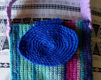Handmade Small/Children's Purse. Multi-colored Striped Crocheted Shell. Stripes and Solid Fabric Lining.