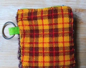 Hand-decorated upcycled Mini Zipper Pouch Keychain. Plaid corduroy and color-flecked Brown crochet.