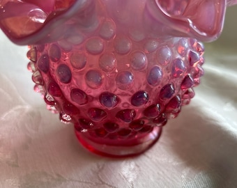 Fenton Hand-blown Cranberry Opalescent Hobnail Rose Bowl Vase - VINTAGE