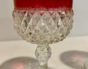 Indiana Glass Diamond Point Wine Goblets with Red Flashing - VINTAGE