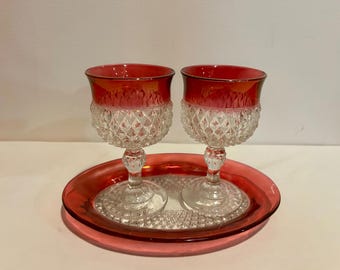 Indiana Glass Diamond Point Ruby Flash Band Serving Dish - VINTAGE