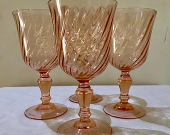 Set of 4 Glass Goblets - Arcoroc of France Rosaline Blush Pink Swirl - VINTAGE