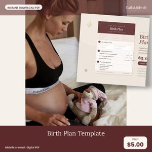 Może przedstawiać: Cyfrowy szablon planu porodu zatytułowany My Birth Wishes Birth Plan, zawierający sekcje dotyczące zespołu wspierającego, preferencji porodowych i łagodzenia bólu, obok osoby w ciąży trzymającej małego pluszowego misia.