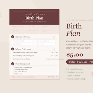 Puede incluir: Descarga digital de una plantilla de Plan de Nacimiento. El documento incluye secciones para el equipo de apoyo, preferencias de trabajo de parto y manejo del dolor. El título está en un cuadro burdeos oscuro con "My Birth Wishes".