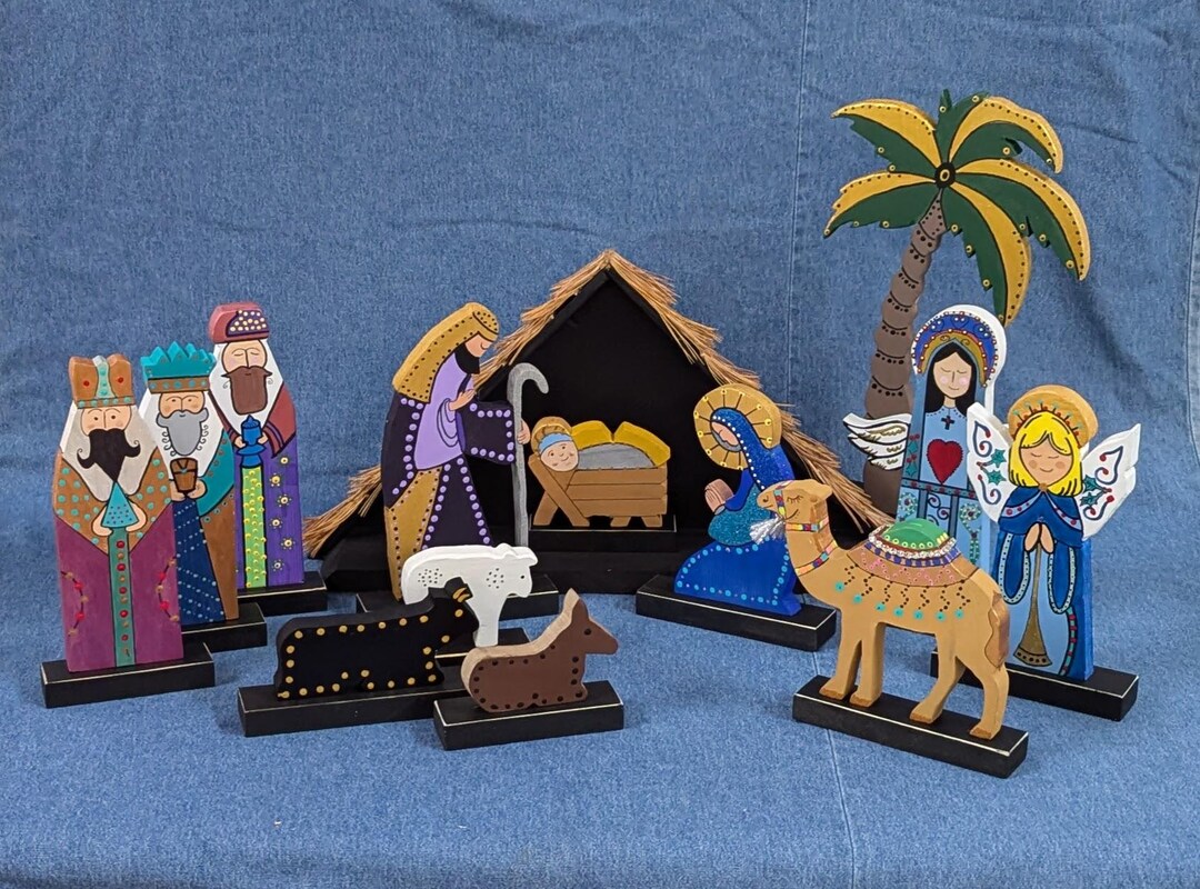 Primitive Nativity Handmade Nativity Scene, Folk Art Christmas Decor, 14 Piece Set ...
