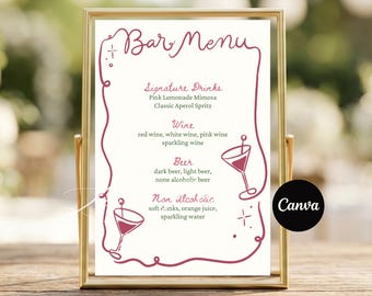 Wiggle-menubord voor drankjes voor bruiloft, bewerkbare canvassjabloon, handtekeningbord