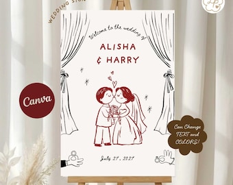 May include: A wedding sign on an easel with a red and white design. The sign reads "Welcome to the wedding of ALISHA & HARRY" with a drawing of a kissing couple. The date "July 27, 2027" is also displayed.