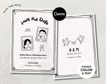Plantilla para guardar la fecha: Garabatos originales dibujados a mano para novios. Descarga digital.