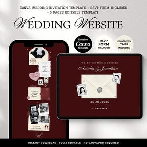 Puede incluir: Una plantilla de sitio web de bodas digital mostrada en la pantalla de un teléfono inteligente y una tableta. El diseño presenta un fondo burdeos profundo con elementos color crema, incluyendo un sobre, marcos de fotos y el texto "Amalia & Jonathan".