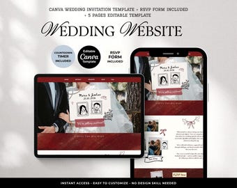 May include: A digital wedding website template displayed on a tablet and smartphone screen. The design features a deep red color scheme, custom illustrations of a couple, and text including "Wedding Website," "Maria & Joshua," and "We're getting married."